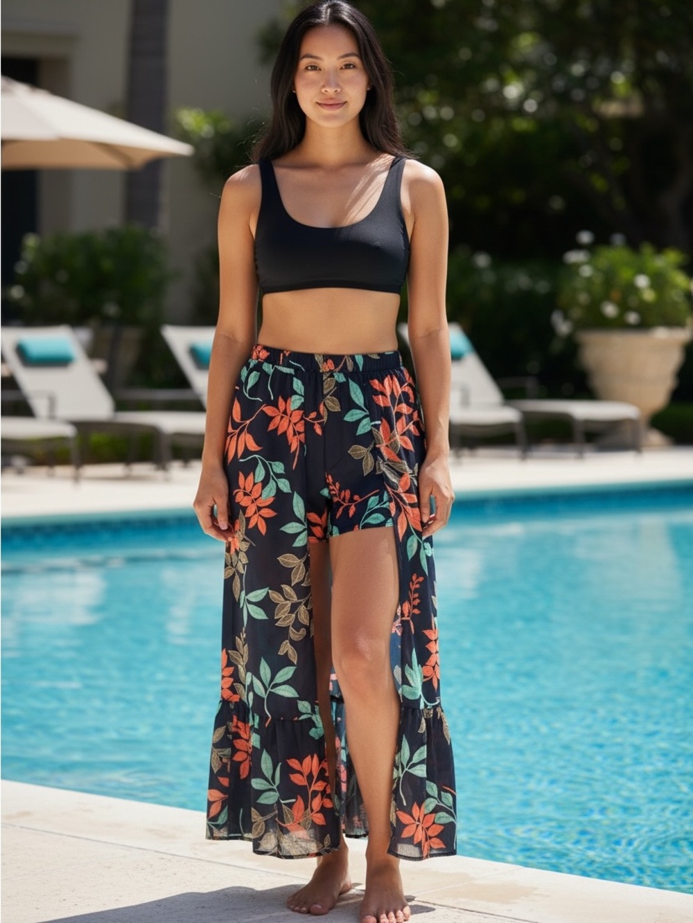 Peach Love California Black Floral Split Maxi Skirt